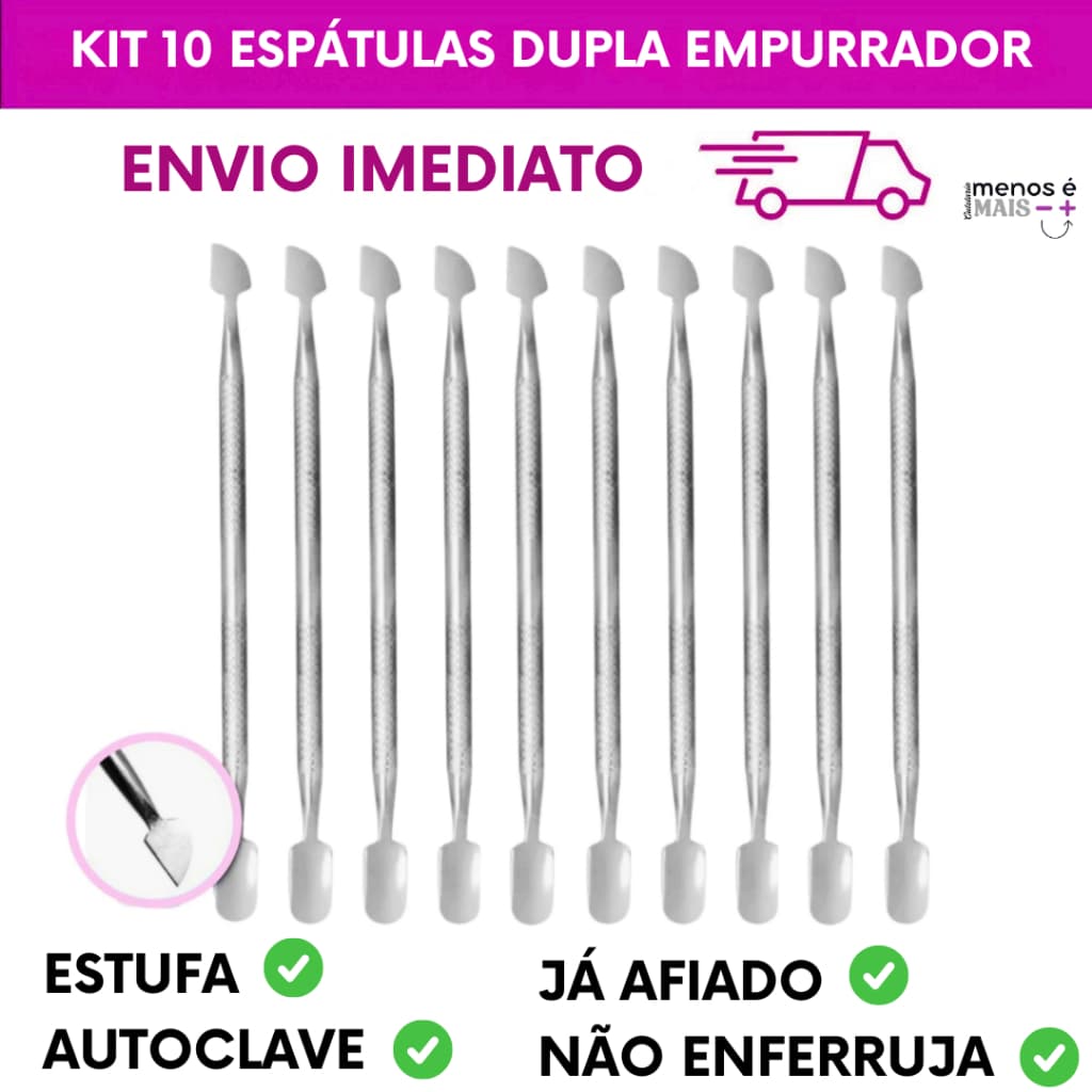 Kit 10 Espátulas Dupla Empurrador Inox Profissional Manicure e Pedicure Slim