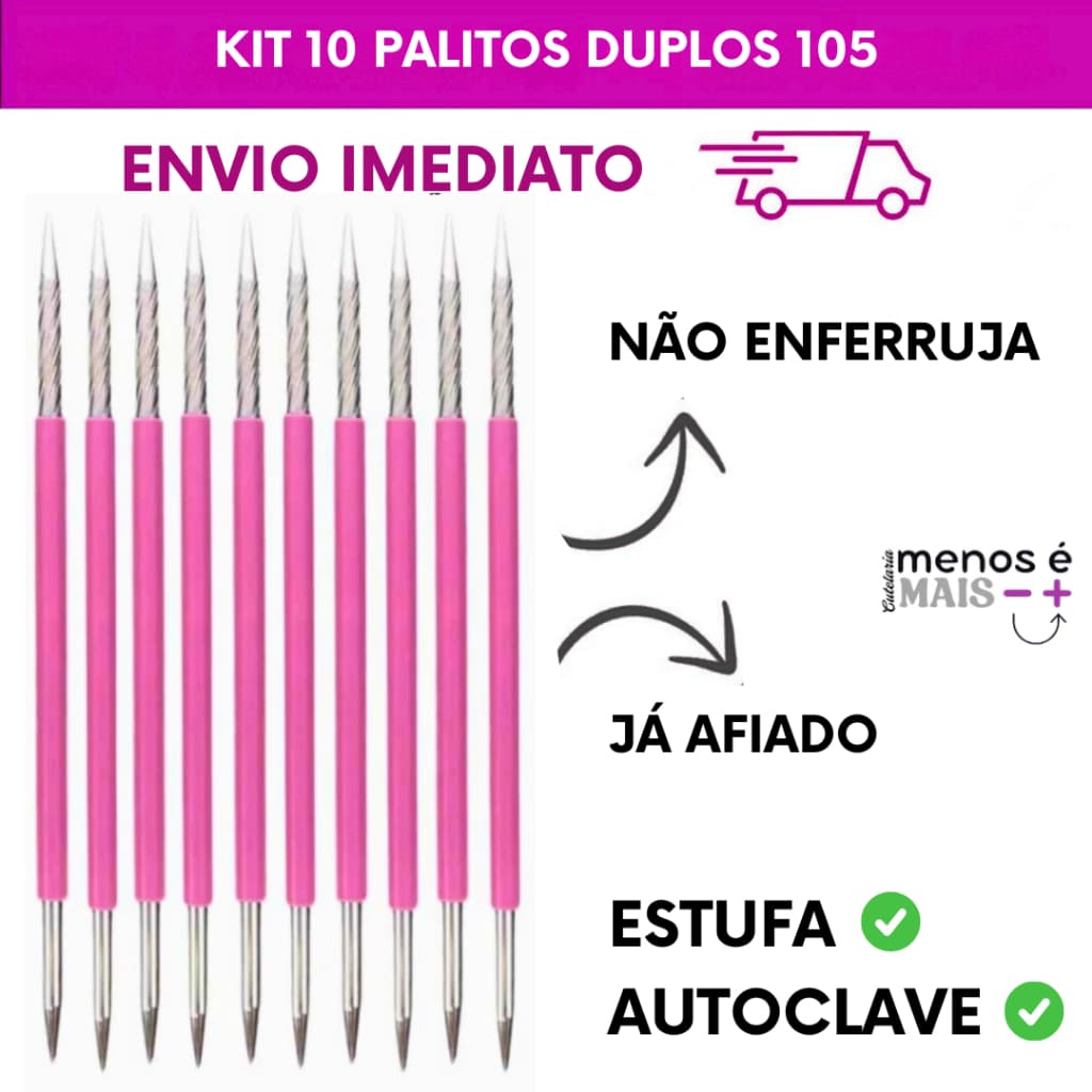 Kit  com 10 Palitos Duplo 105 Cutícula Manicure Pedicure Cutelaria Unha rosa Silicone Esterilizável Inox Slim