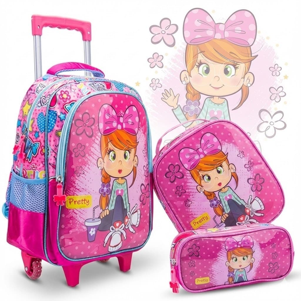 Kit Mochila Infantil de Rodinha Mochila Escolar Com Carrinho Lancheira Térmica e Estojo Duplo
