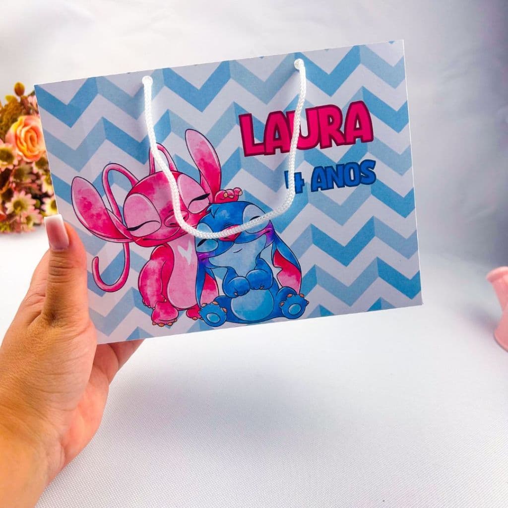 Sacolinha Personalizada Stich e Angel 20x15cm | Lembrancinha Festa Infantil | Pegue e Monte/com nome