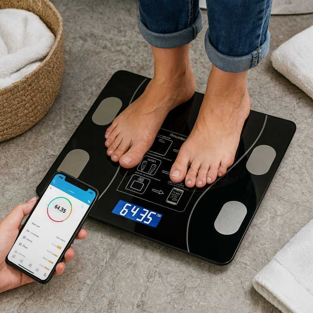 Balança Digital Bioimpedância Fitness 180kg Bluetooth App Android iOS Vidro temperado Preto IMC