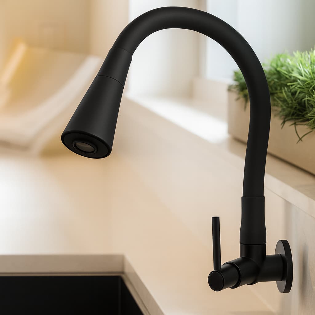 Torneira De Cozinha FLEXÍVEL PRETO FOSCO De Parede Luxuosa Design Lavatório Resistente