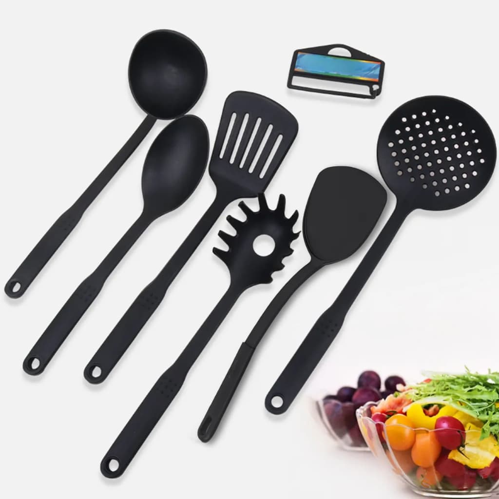 Kit Talheres 6 PÇS Concha, Garfos, Espátula, Colher Preto -Plástico P/Cozinha