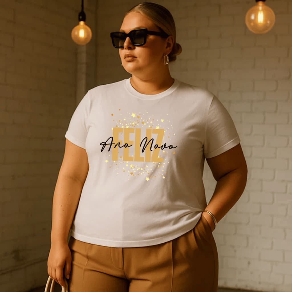 Camiseta Plus Size Feminina Estampada Ano Novo 100% Algodão Premium Verão Academia Treino Blusa Camisa