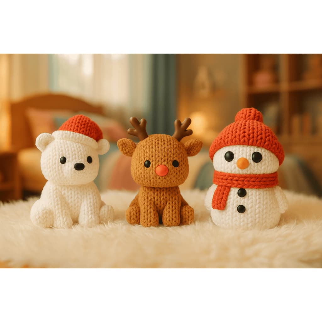 Enfeites de Natal Textura Crochê 3D | Kit Rena Urso Boneco de Neve | Coleção Tricot de Natal