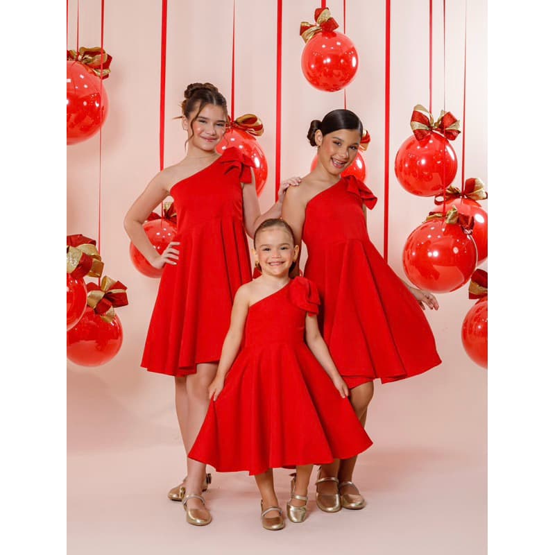 Vestido Gode Laço Ombro Vermelho Natal Confortável infantil