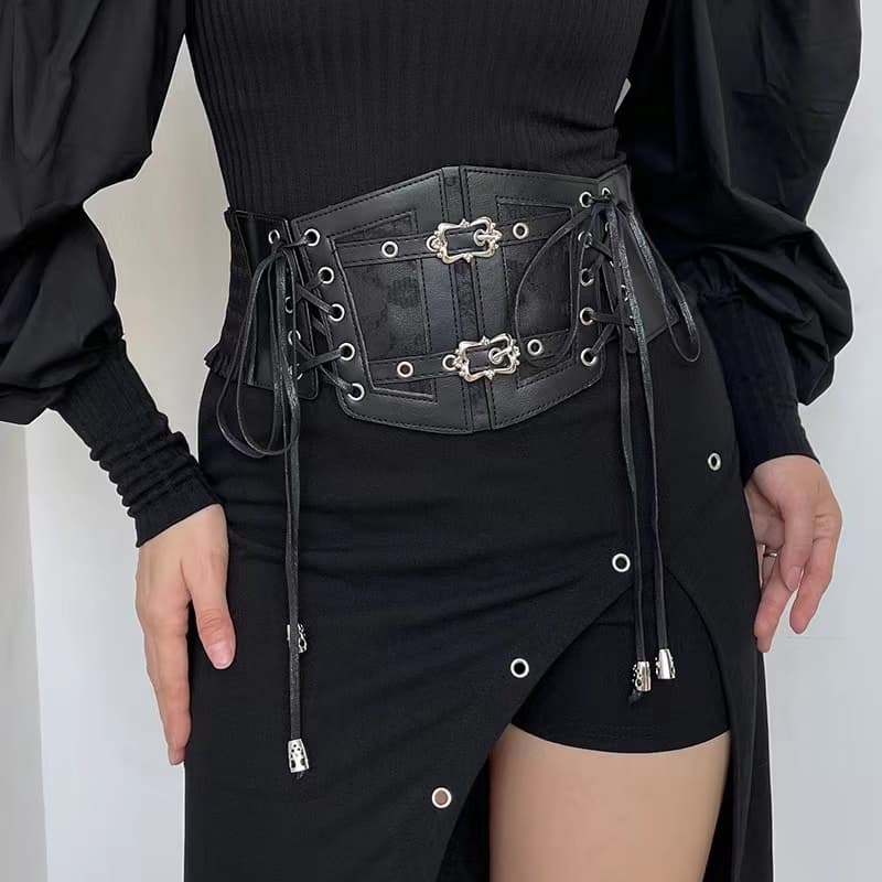 Cinto Corset Feminino Largo Gótico Ajustável | Cinto Modelador Cintura Alta com Renda e Fivelas Vintage Punk Gótico