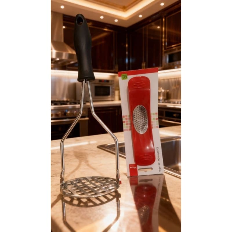 "Amassador de Batatas Inox + Espremedor de Alho Manual – Utensílios de Cozinha Resistentes e Práticos"