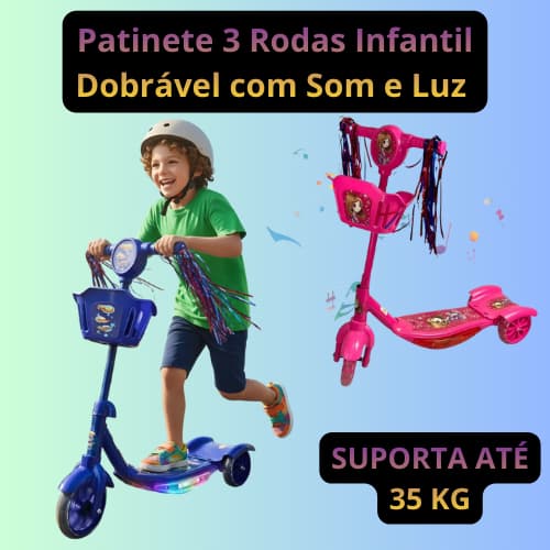 Patinete 3 Rodas Infantil Dobrável com Som e Luz, a partir de 3 anos, suporta até 35 Kg