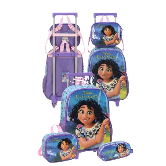 Kit Mochila Escolar Encanto Disney com Rodinhas Lilás Luxcel + Lancheira Térmica e Estojo Infantil