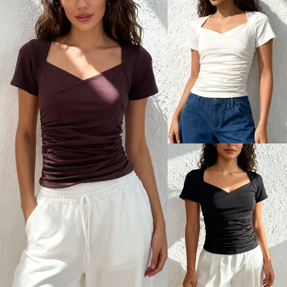 Blusa Suplex Gola Quadrada Plissada Manga Curto Tecido Grosso Tendencia Novidade Verao