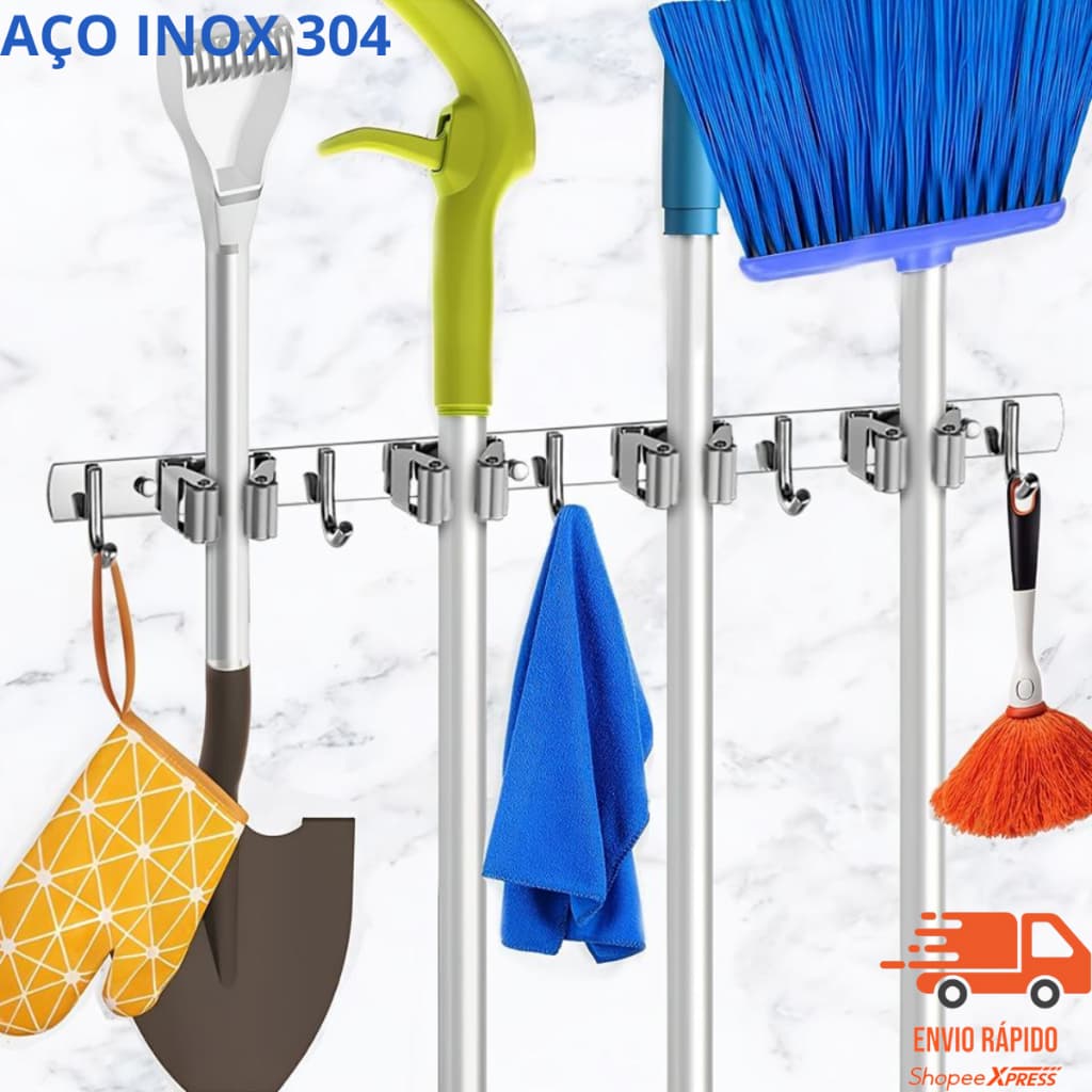 Suporte  de Vassoura Utensilios Inox 304 9 em 1 de Parede Qualidade Premiun
