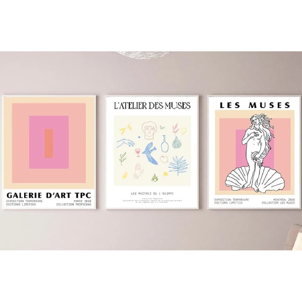 Quadros decorativos Mitologia Grega Rosa e branco (3 peças)