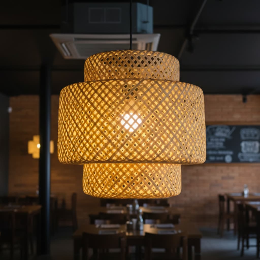 Luminária de Teto Lustre Pendente Bambu Sunfy Cayman Rústico 35cm Artesanal Design Vintage Retro