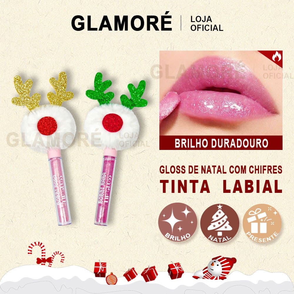 Lip Gloss Bobbi Rara–Edição de Natal–Glitter–Brilho Labial com Enfeite de Rena Ideal para Presentear