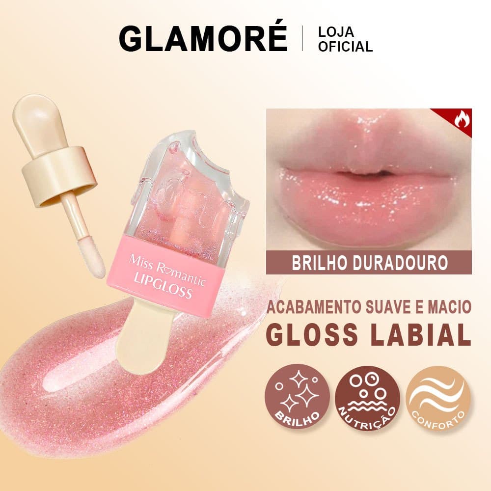 Brilho Labial Miss Romantic – Lip Gloss – 6 Cores – Glitter e Efeito Molhado