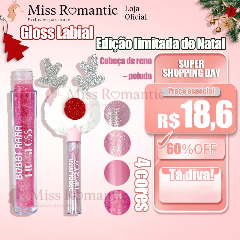 Lip Gloss Bobbi Rara Natal – Brilho Glitter e Design de Rena, 4 Cores Festivas