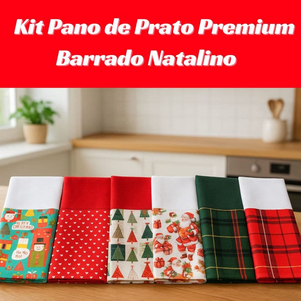 Kit Pano de Prato de Natal com Barrado 2 e 4 Peças Estampado para Cozinha 100% Algodão Pé de Galinha