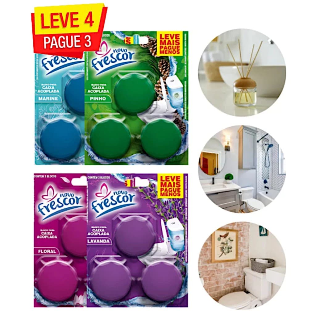 Conjunto 12 Ou 3 Blocos Para Caixa Acoplada 45g Novo Frescor Tablete Pastilha Sanitário Ou 3 Blocos