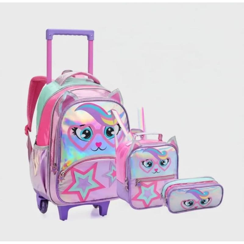 KIT MOCHILA DE CARRINHO COM LANCHEIRA E ESTOJO INFANTIL FEMININA DENLEX/ MOCHILA HOLOGRÁFICA/ MOCHILA UNICÓRNIO