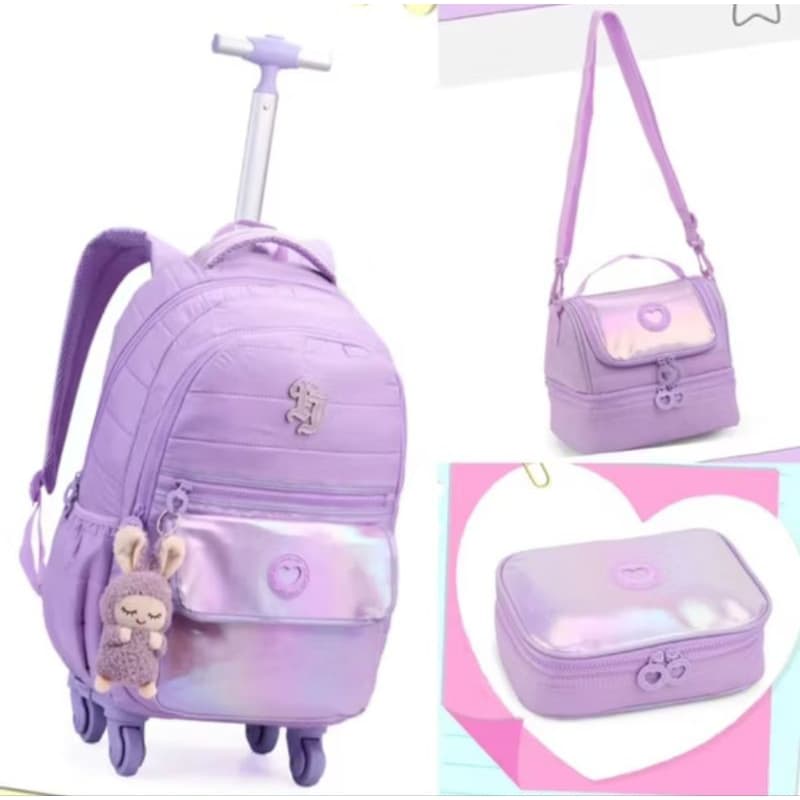 KIT MOCHILA DE CARRINHO COM LANCHEIRA E ESTOJO FEMININA LISO JUVENIL DENLEX/ MOCHILA JUVENIL/ MOCHILA INFANTIL/