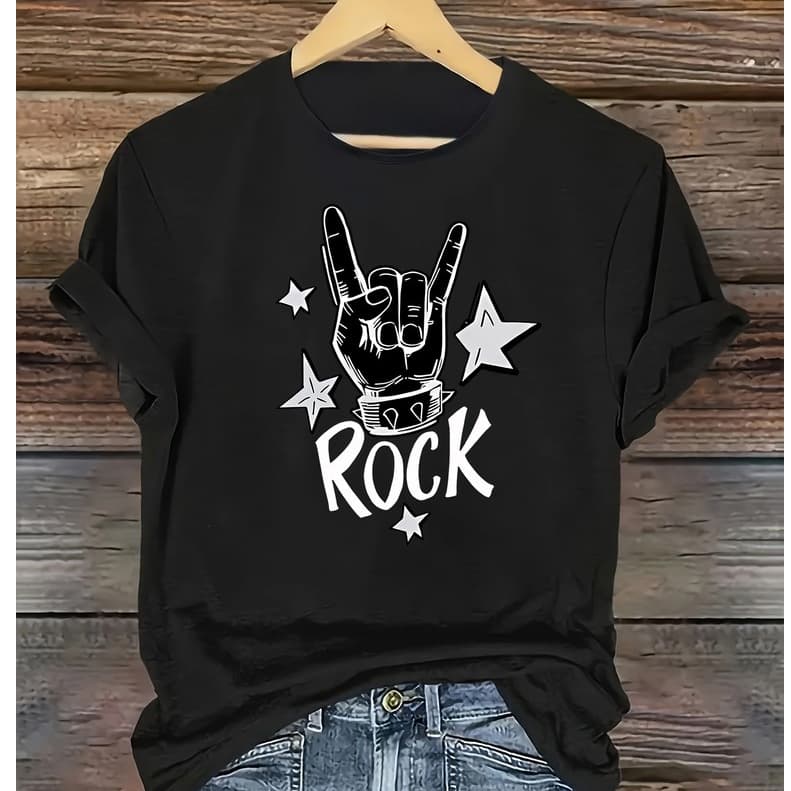 Bonito Camiseta Feminina Casual Estilosa Algodão Estampa Gestos De Rock E A Palavra Chamativa "ROCK"