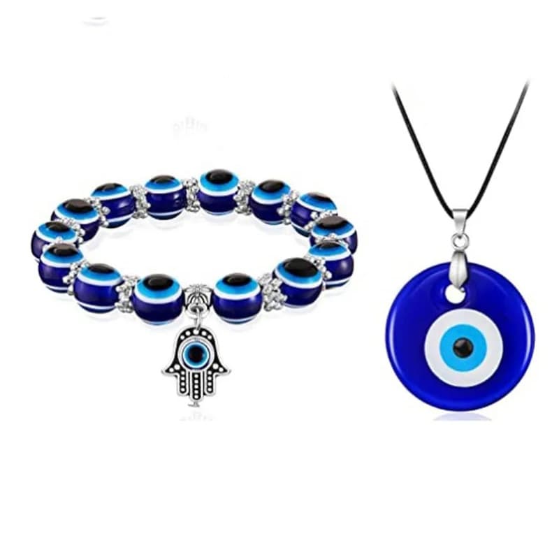 Kit Acessórios Olho Turco – Colar + Pulseira Vidro Azul, Proteção Espiritual, Presente Feminino