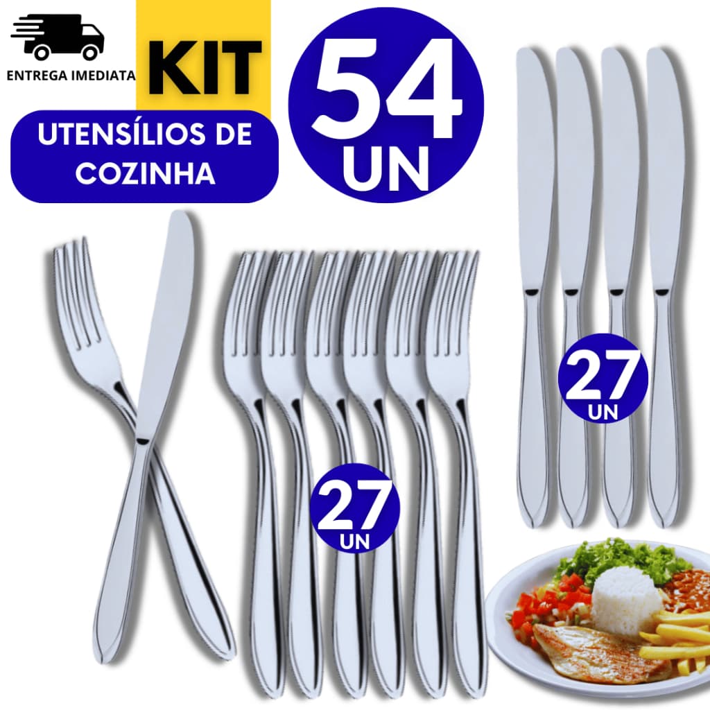 Jogo 54 Talheres Inox 27 Faca Sem Ponta 27 Garfo Casa Cozinha Restaurante Buffet Qualidade Garantida utilidades Multiuso