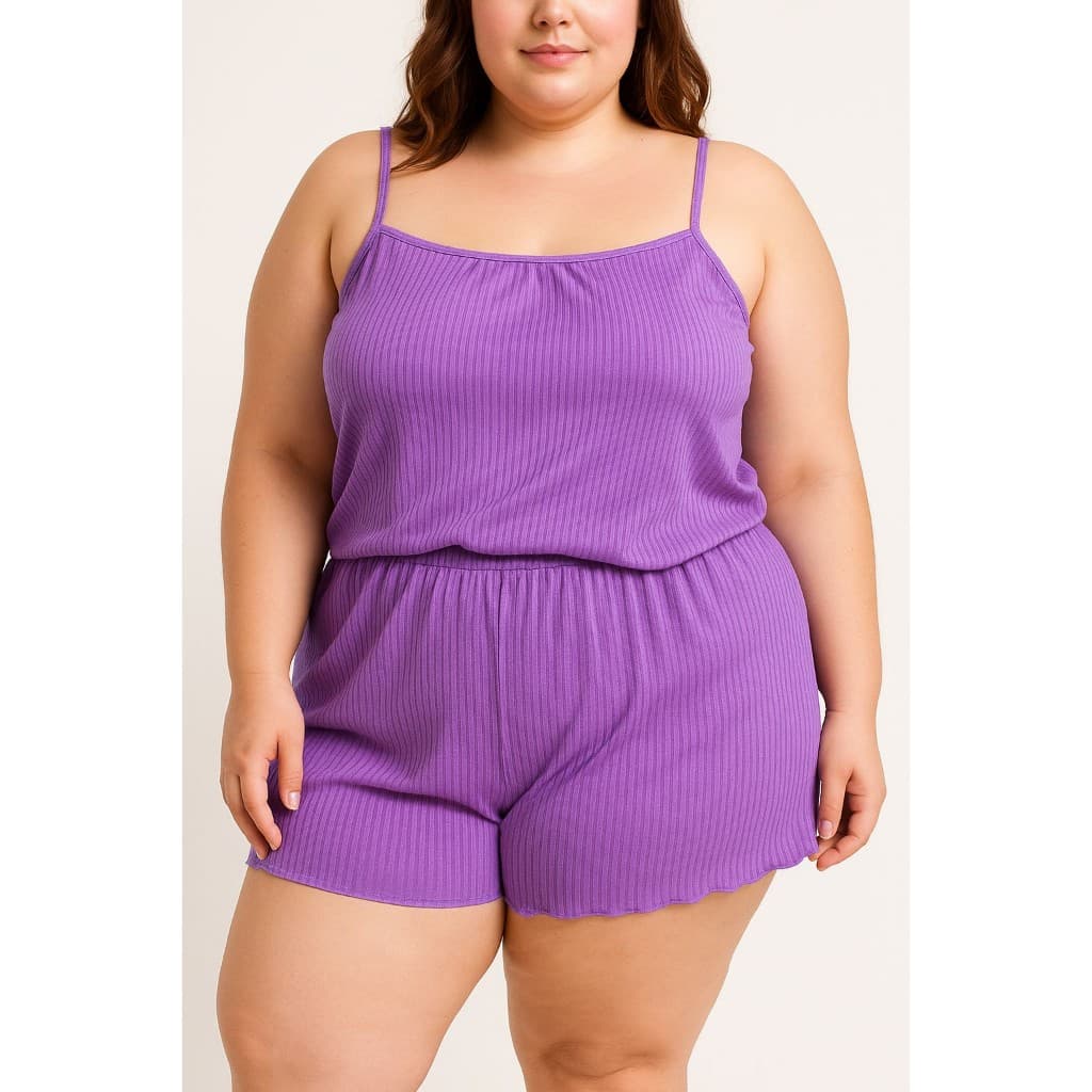 Pijama Short Doll Canelado Plus Size Tecido Conforto Moda Feminina Conjunto Camiseta + Shortinho