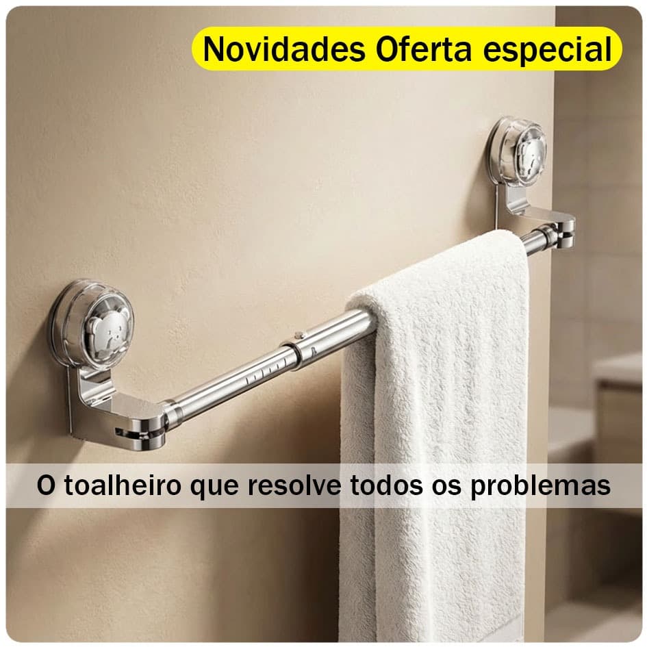 Suporte para Toalha com Ventosa Retrátil, Haste Inox, Não Perfurada - Organizador de Banheiro