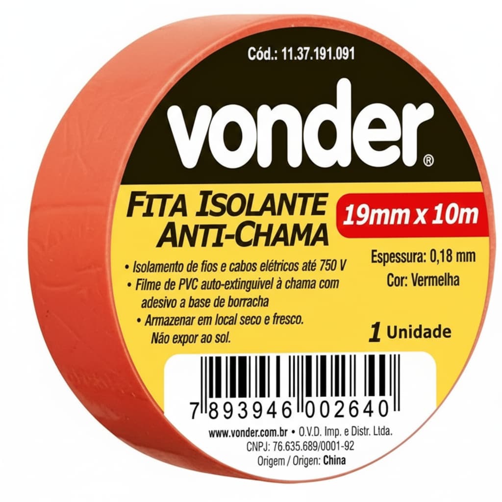 Rolo Fita Isolante Vonder Antichama 19mm X 10m Vermelha 750v