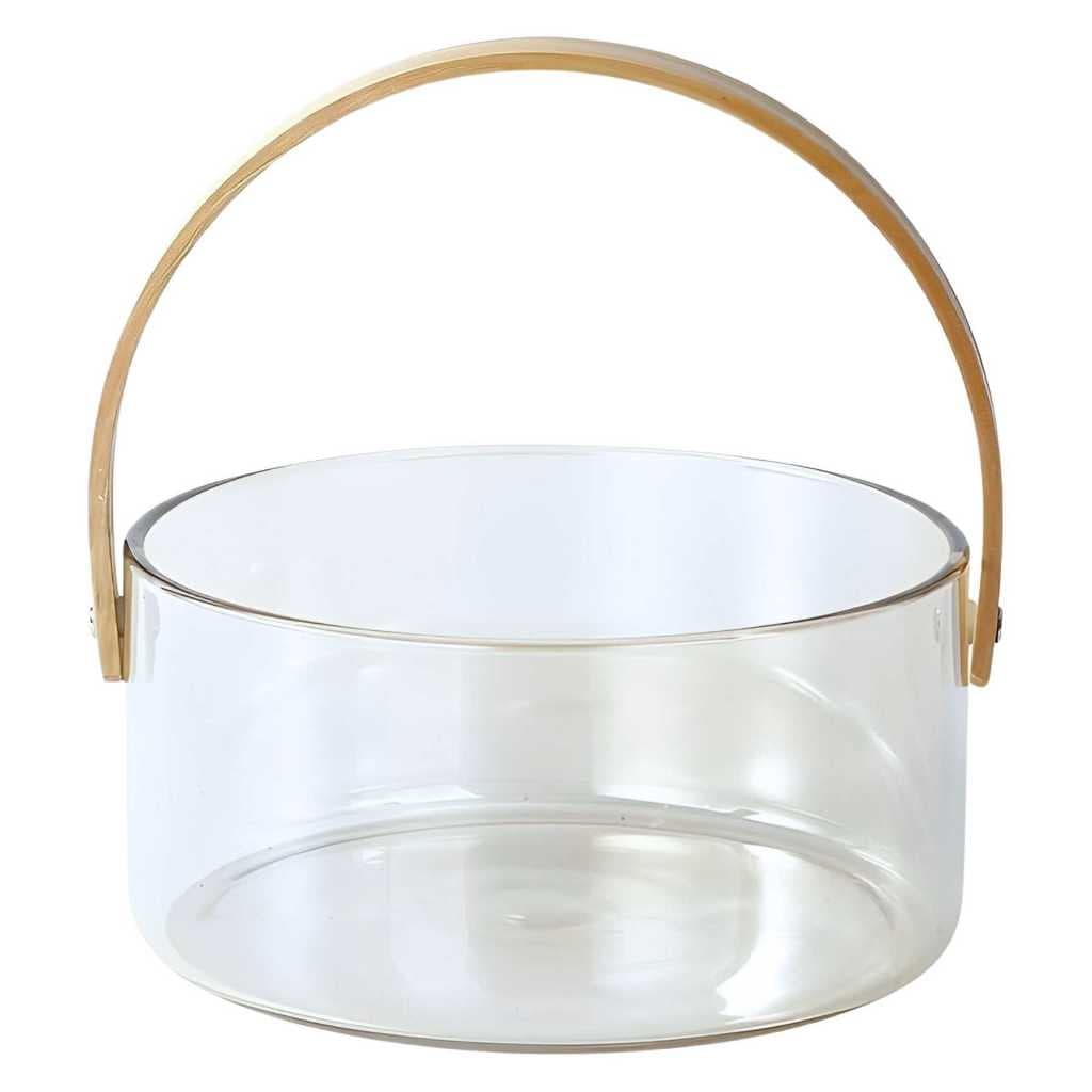 Fruteira Saladeira Vidro Com Alça Bambu Decorativa Centro de Mesa Elegante