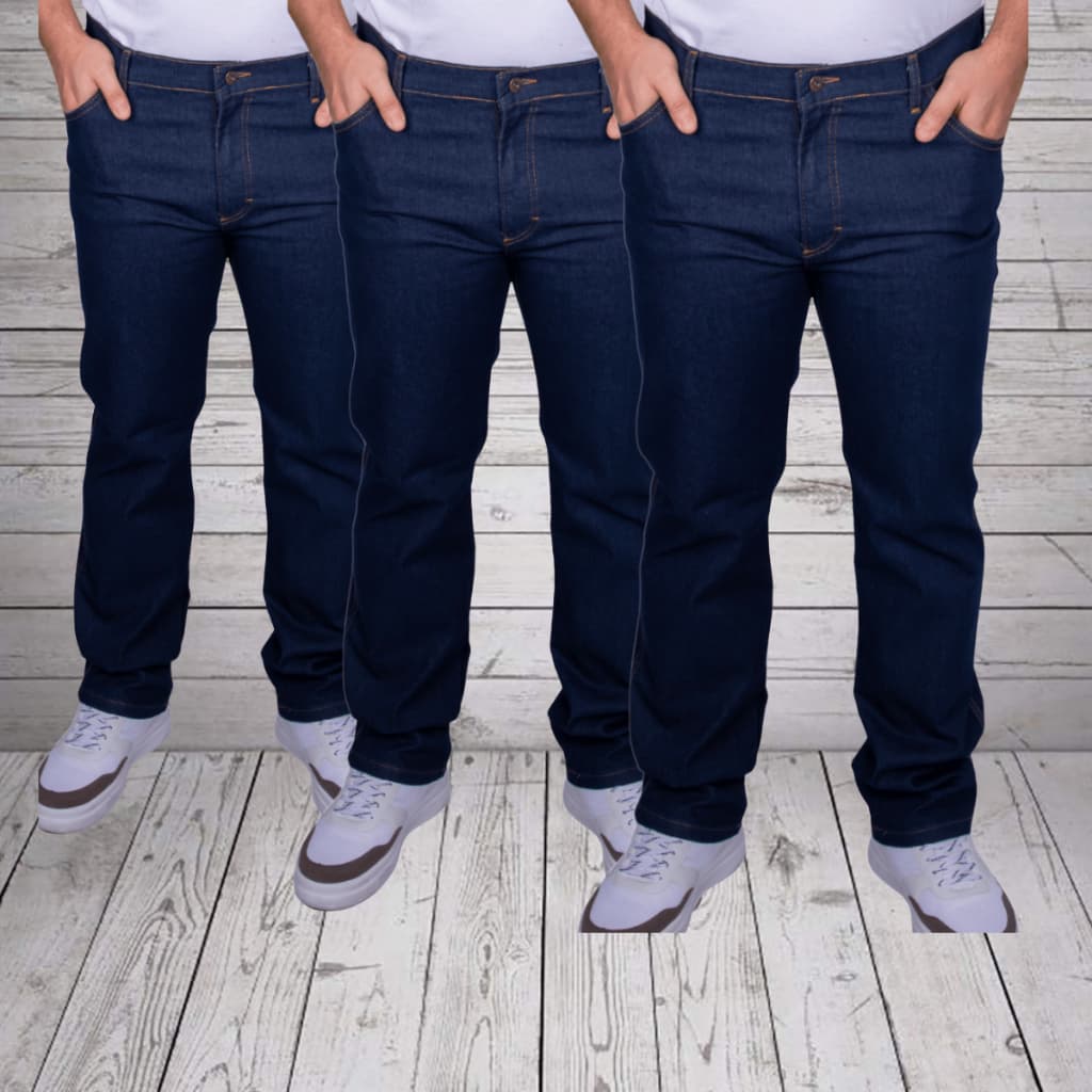 Kit 3 Calça Jeans Masculina Plus Size – Preta e Azul, Tradicional, com Elastano