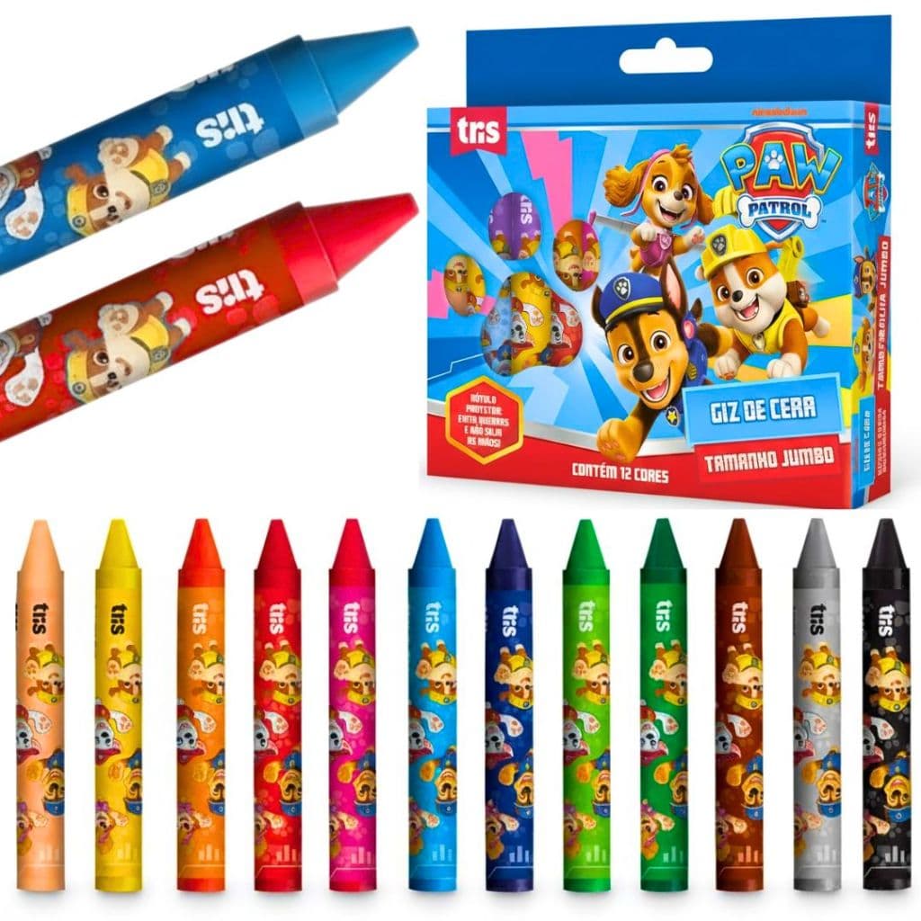 Giz De Cera Jumbo Infantil 12 Cores Material Escolar Patrulha Canina Giz Grosso Com Rótulo Protetor Escola