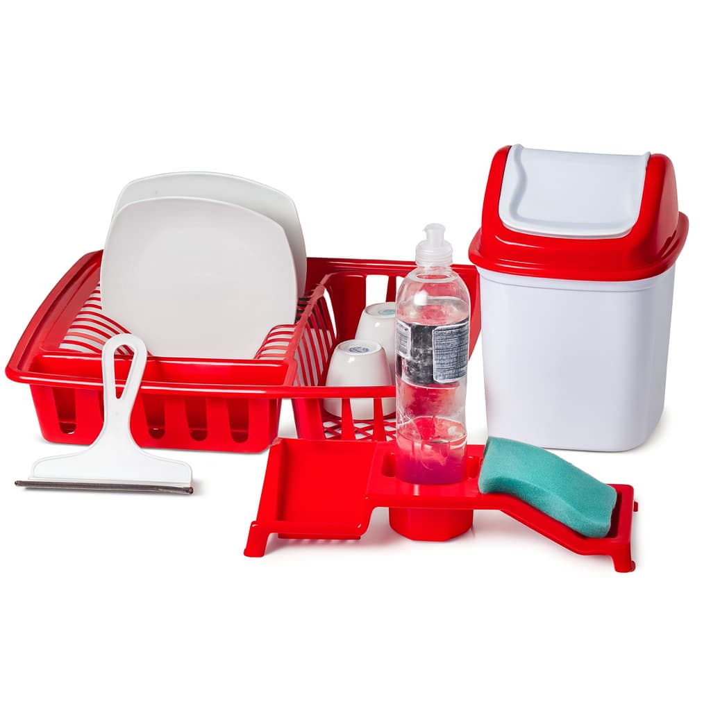 Kit Pia Lixeira + Porta Sabão + Escorredor de Louças e Rodinho -  JV