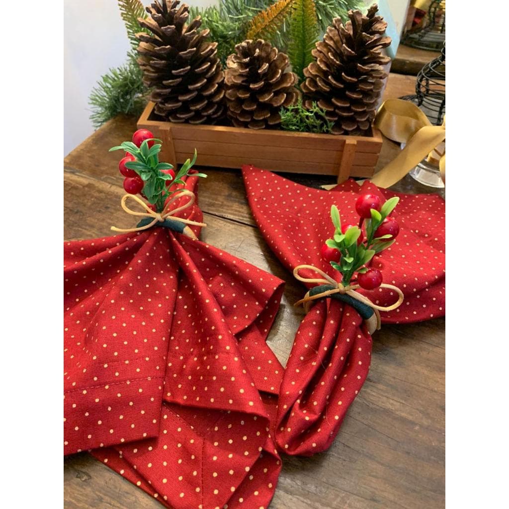 6 Porta-Guardanapo Natalino com Frutinhas Vermelhas • Laço Dourado • Mesa Posta • Decoração de Natal • Kit com 6