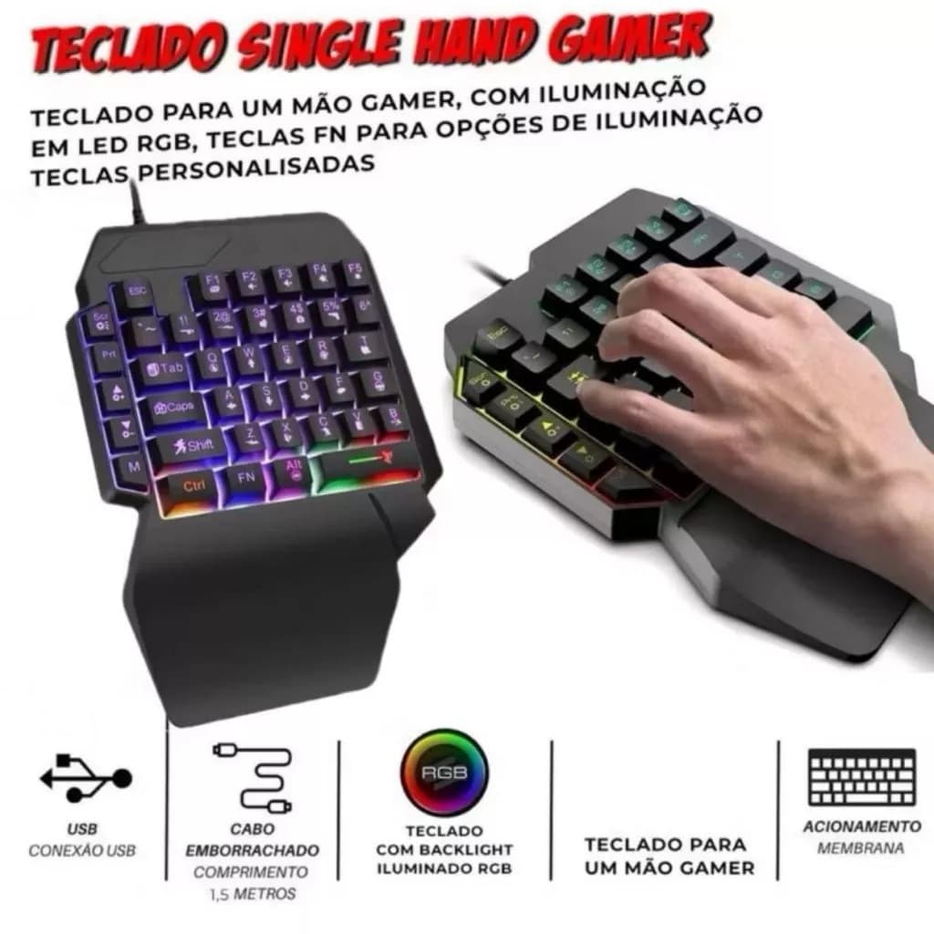 Mini Teclado One hand e Mouse Com Fio Gamer RGB LEY-2117 LEY-2117