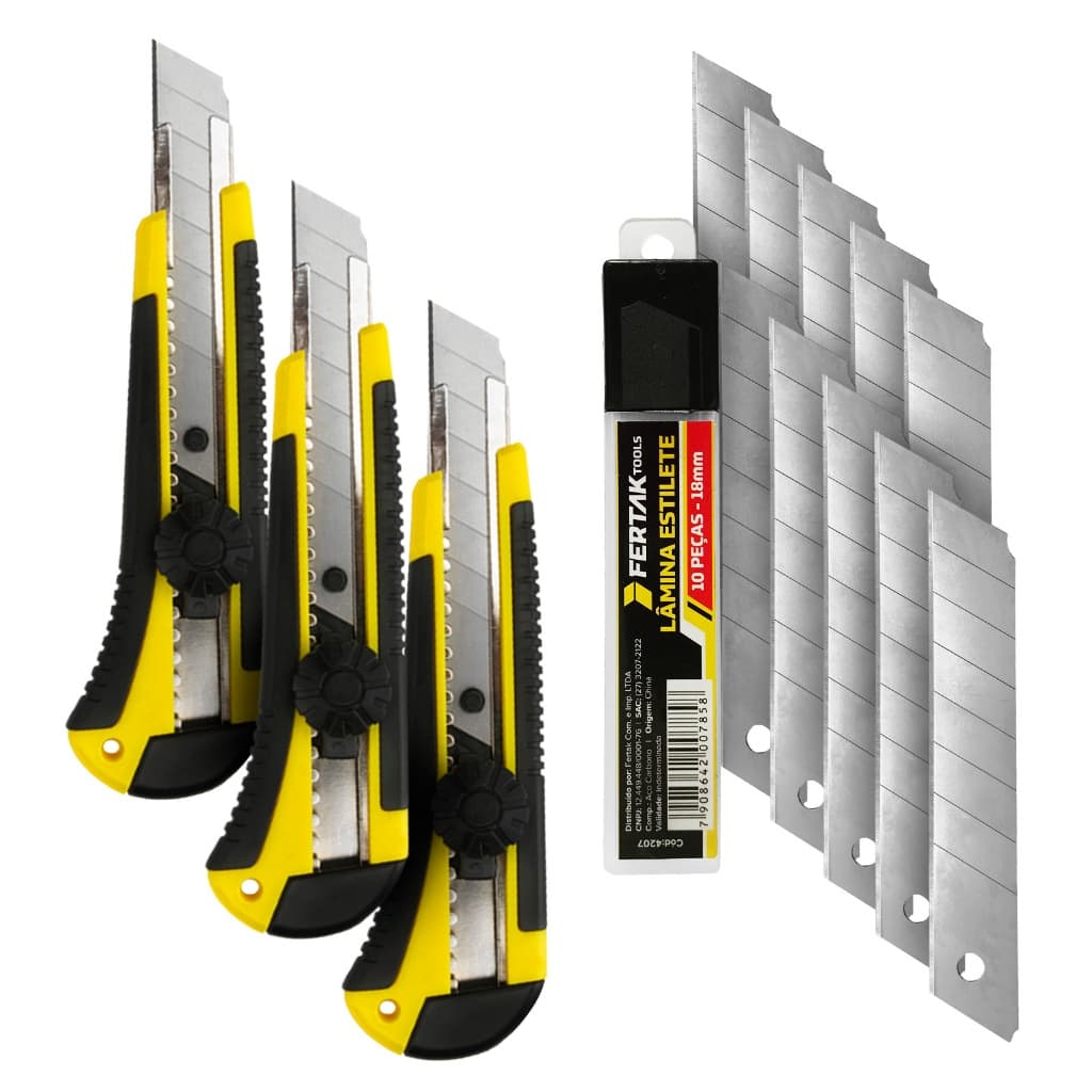 Kit Lâminas e Estiletes Largo 18mm e 25mm Profissional Raspador Fertak Amarelo e Preto - Escolha