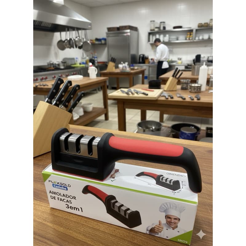 Amolador de Facas e Tesouras em aço inox com 3 afiadores