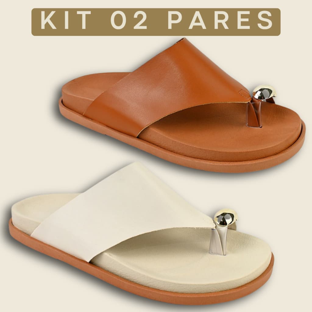 Kit 2 Sandálias Birken Feminina Flat Rasteirinha Detalhe Dourado ABS Tendência Verão Leve Hope Shoes