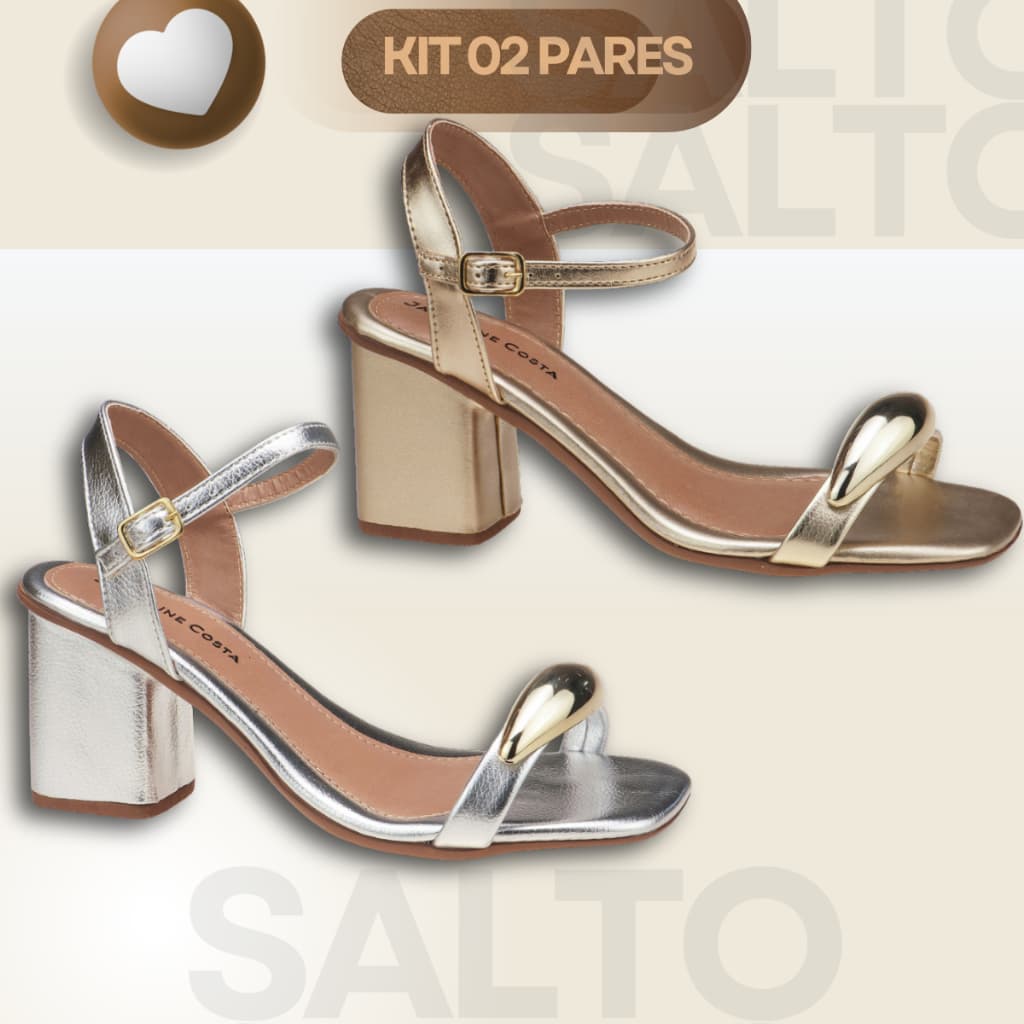 Kit 02 Sandálias Feminina Salto Bloco Enfeite ABS Lesma Dourado Tendência Moda Festa Hope Shoes