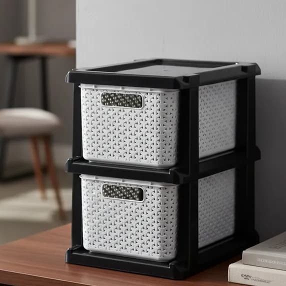 Gaveteiro Organizador Branco/Preto Multiuso Plástico Rattan com Rodinhas 2 gavetas – Agraplast 1033