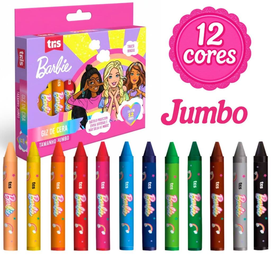Giz De Cera Jumbo Barbie 12 Cores Grosso Inquebrável Infantil Escola Volta às Aulas Criança Pré-Escola