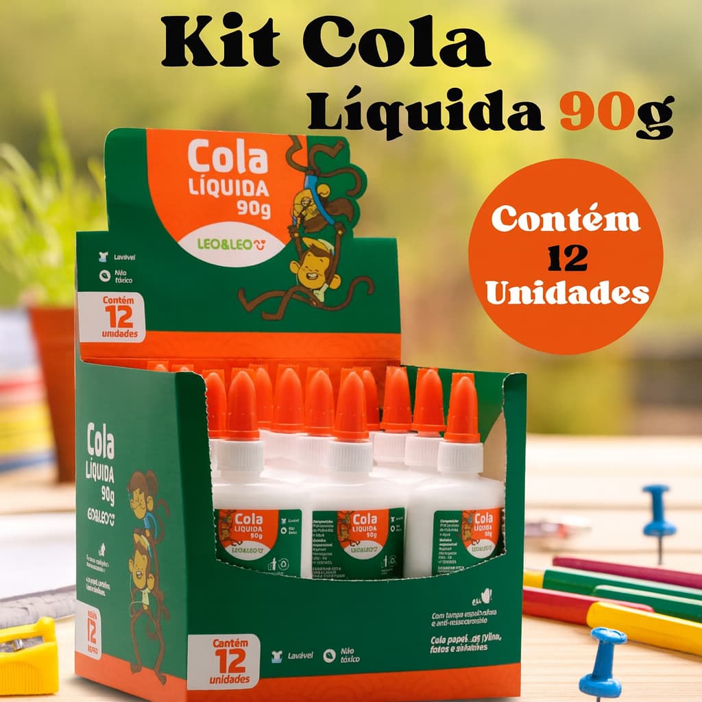 Kit 12 Cola Líquida de 90g Escolar Branca Atóxica Leo Leo 12 Unidades