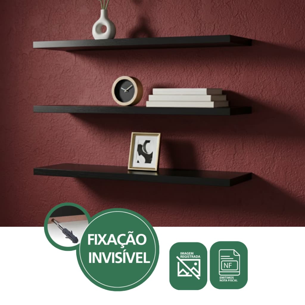 Kit 3 Prateleiras 45x20cm Cor Preta Souza MDF Super Resistente Prateleira Quarto Sala Escritório