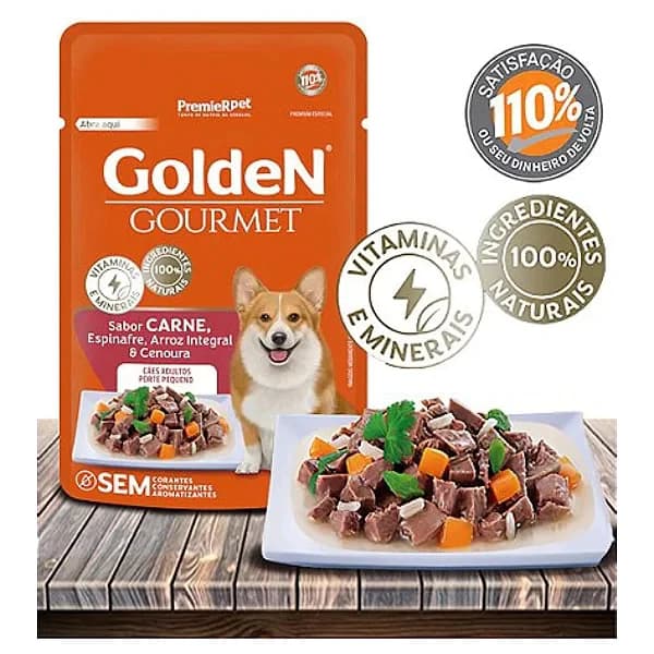 Sachê Golden Gourmet Cães Adultos Raças Pequenas e grandes 85g cada sachê carne Caixa 20 unid
