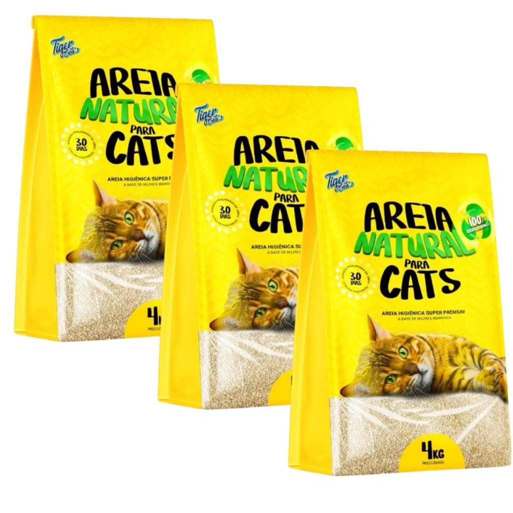 Kit 3 Areias Higiênicas Biodegradáveis para Gatos de 4 Kg Tiger Cats - Total 12Kg