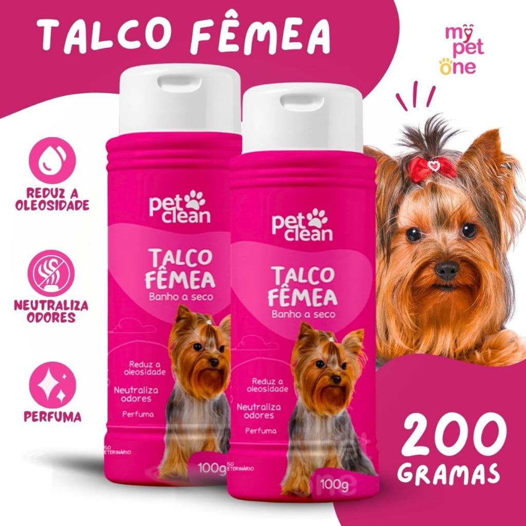 Kit 2 Talco Banho a Seco P/ Cães e Gatos Pet Clean 100g - Fêmea