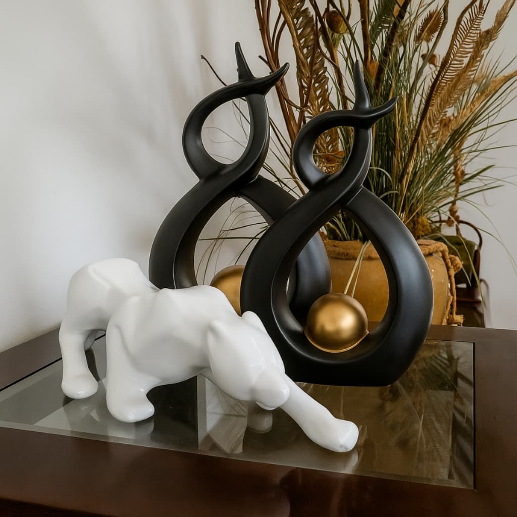 Combo Dupla + Pantera Decoração Cerâmica Luxo Exclusivo Enfeite Mesa Centro Rack Sala