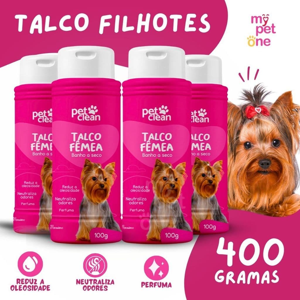 Kit 4 Talco Banho a Seco P/ Cães e Gatos Pet Clean 100g - Fêmea